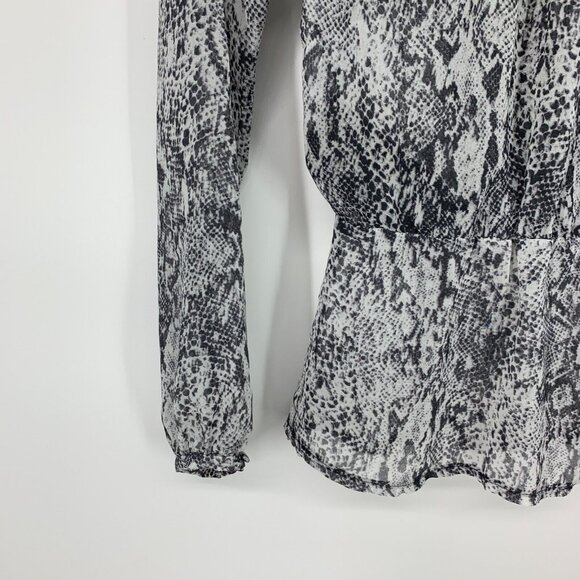 Guess Top Gray Snake Print Sheer Long Sleeve V Neck Ruffle - Picture 11 of 12